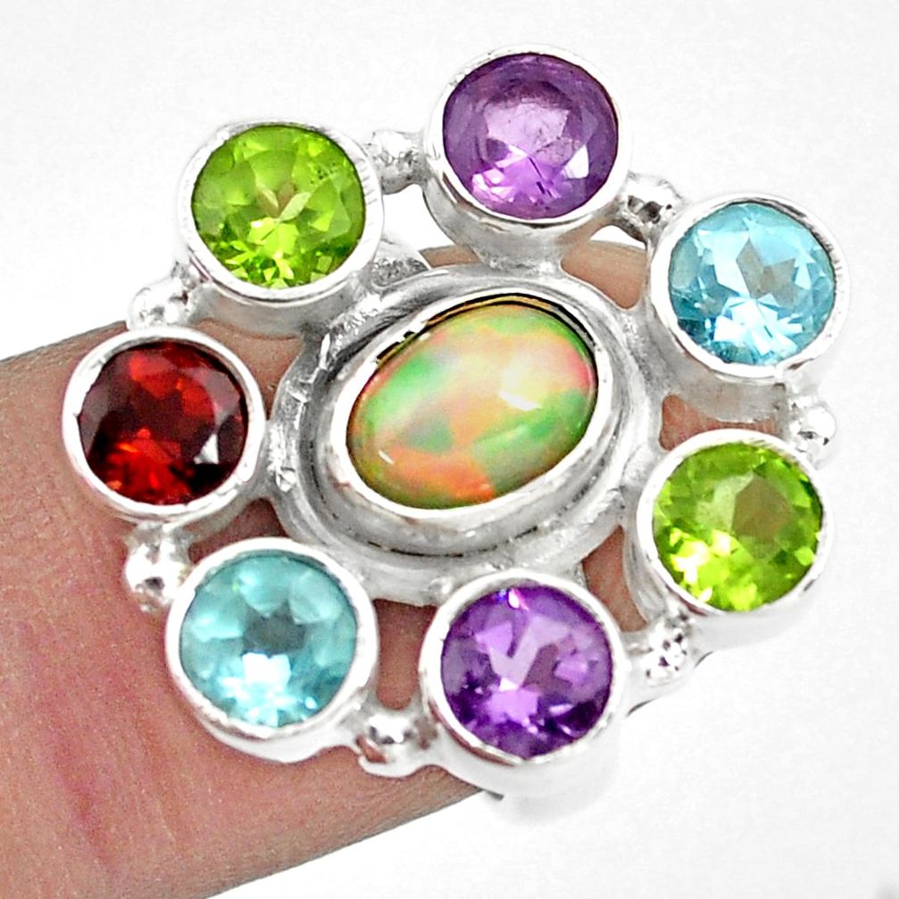 9.47cts natural multi color ethiopian opal topaz 925 silver ring size 6.5 p78055