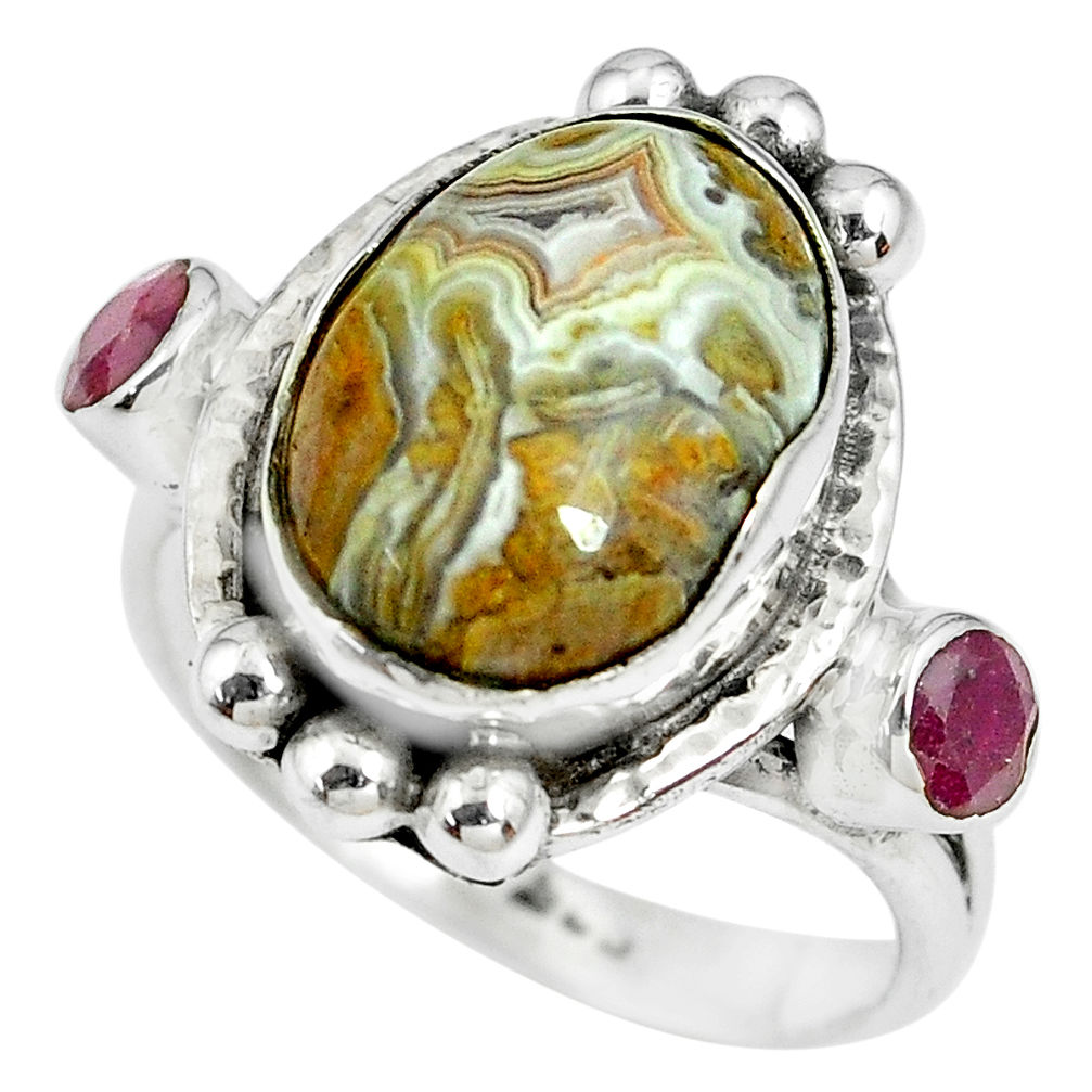 7.58cts natural multi color mexican laguna lace agate silver ring size 7 p69915