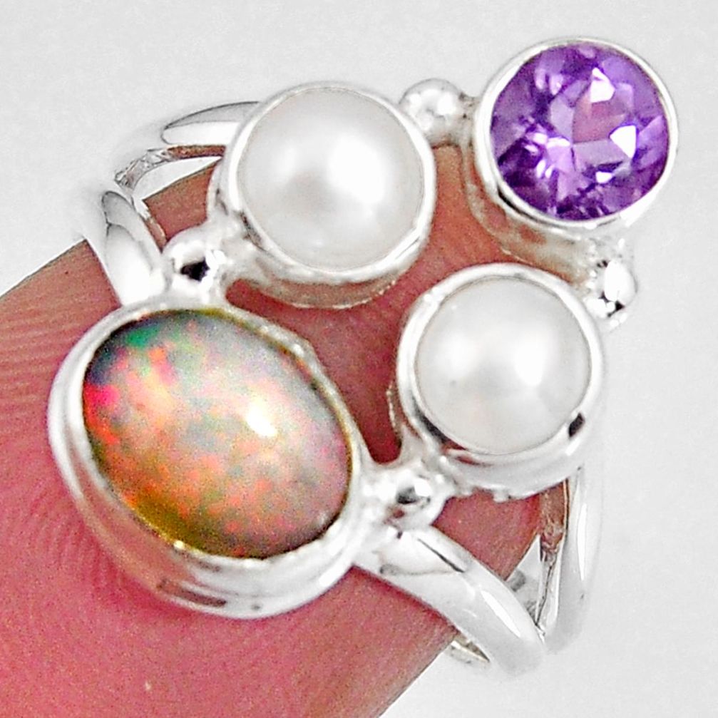 5.16cts natural multicolor ethiopian opal amethyst 925 silver ring size 6 p90781