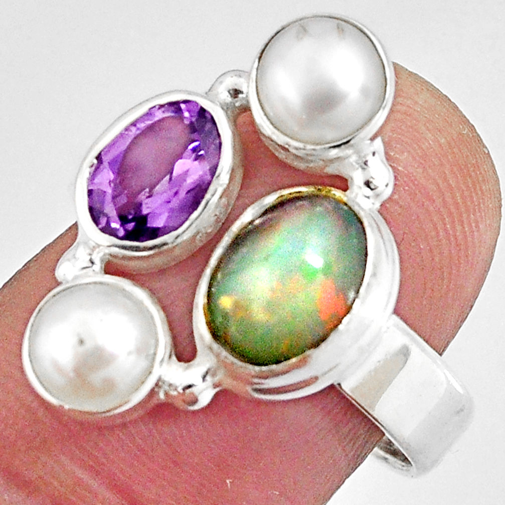 6.55cts natural multicolor ethiopian opal amethyst 925 silver ring size 8 p90782