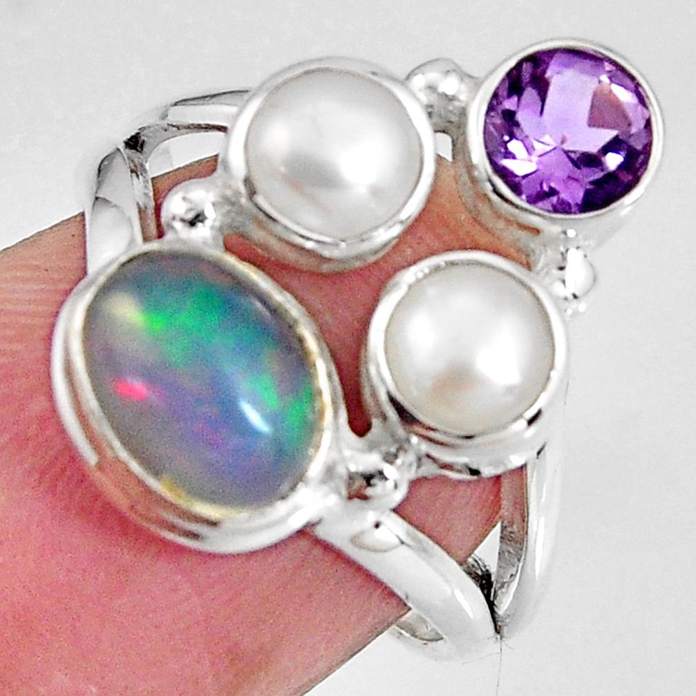 6.10cts natural multicolor ethiopian opal amethyst 925 silver ring size 6 p90786