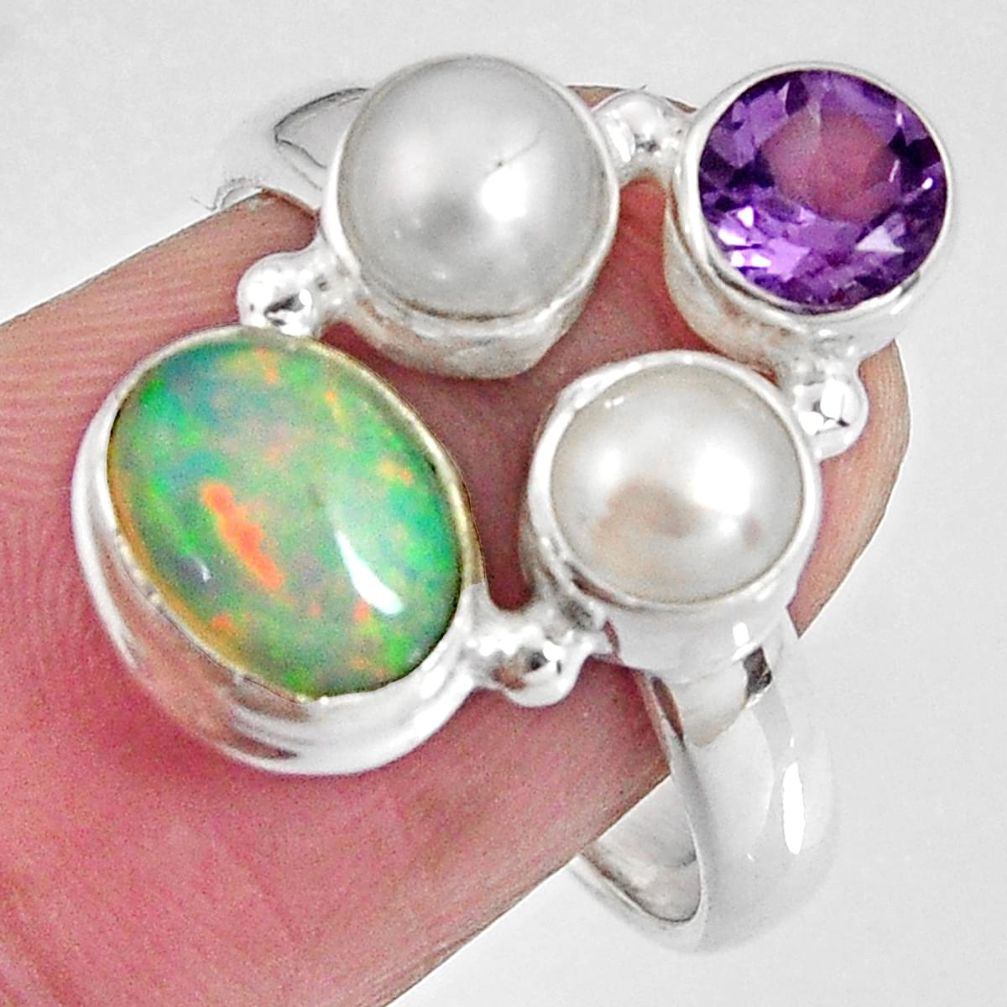 5.87cts natural multicolor ethiopian opal amethyst 925 silver ring size 8 p90799