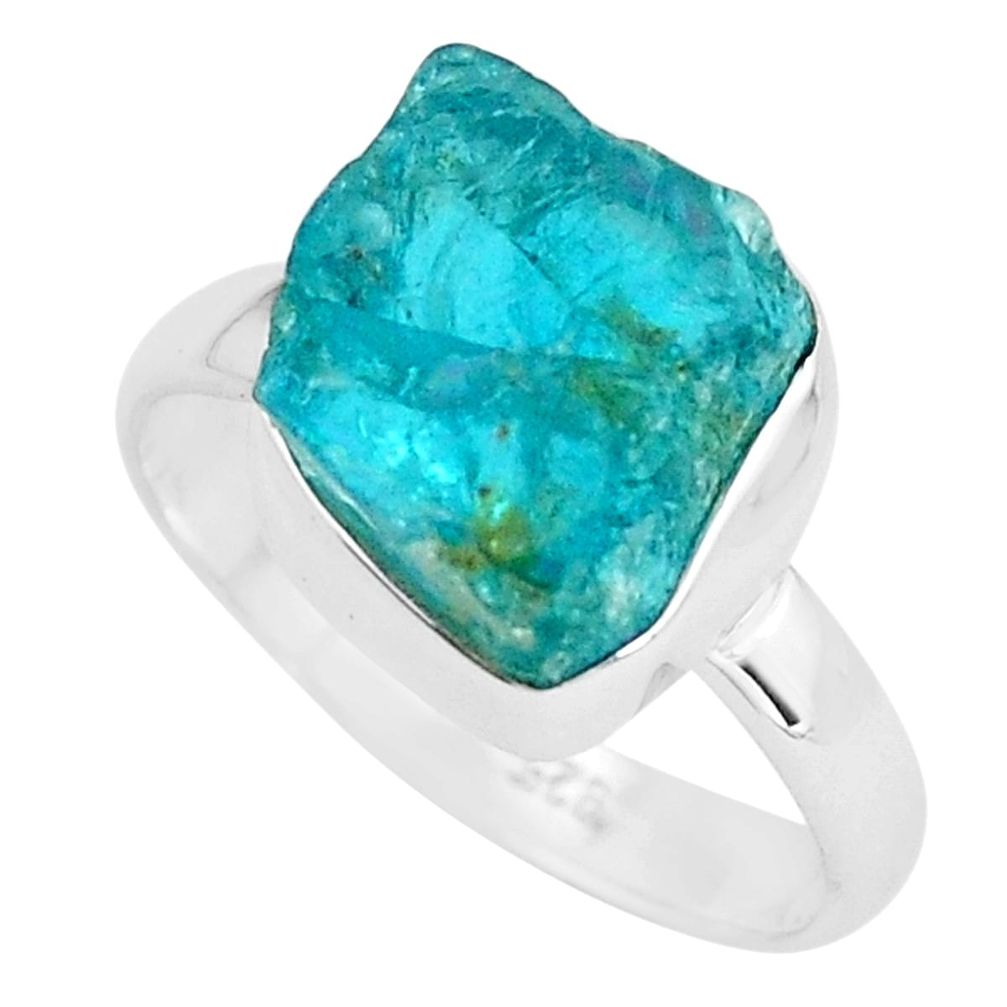 6.82cts natural neon blue apatite rough 925 silver solitaire ring size 8 p68912