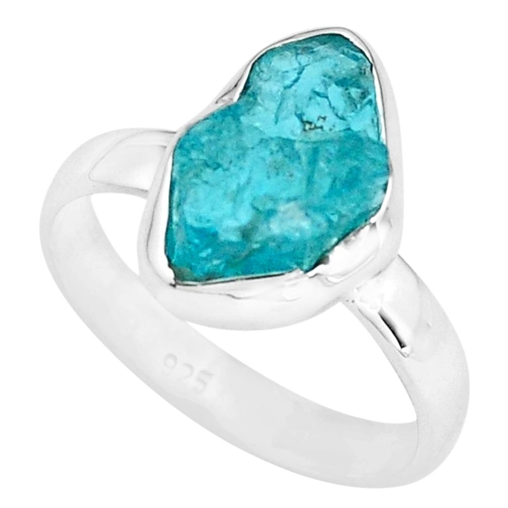 4.80cts natural neon blue apatite rough 925 silver solitaire ring size 8 p68914