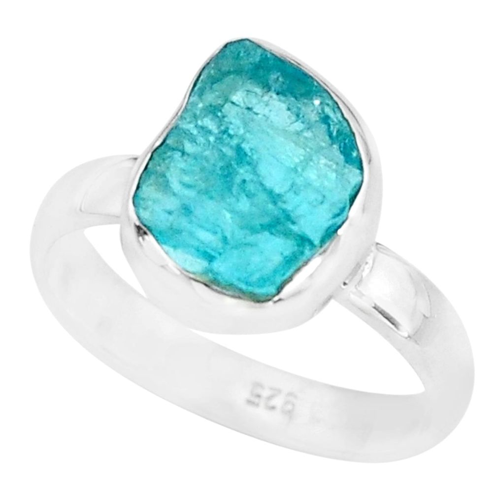 5.24cts natural neon blue apatite rough 925 silver solitaire ring size 8 p68919