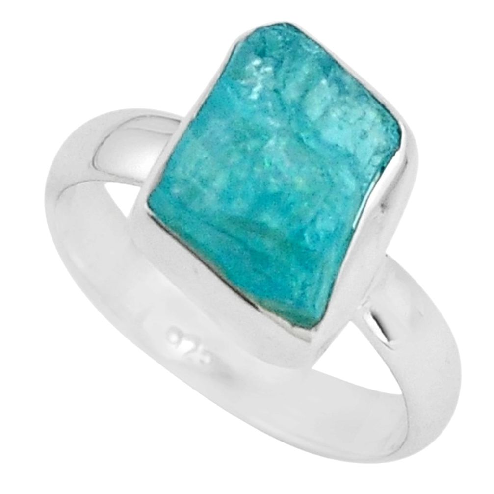 4.67cts natural neon blue apatite rough silver solitaire ring size 6 p68902