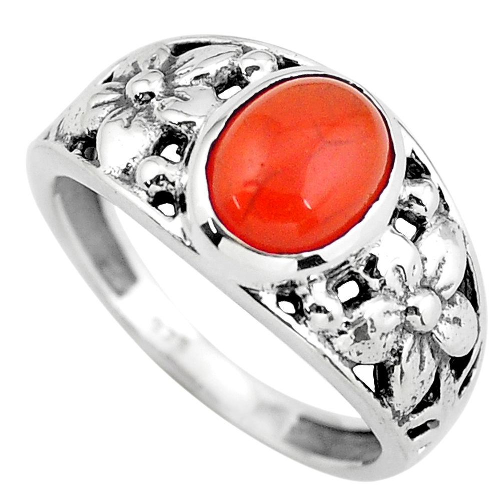 3.52cts natural orange cornelian 925 silver flower solitaire ring size 8 p55827