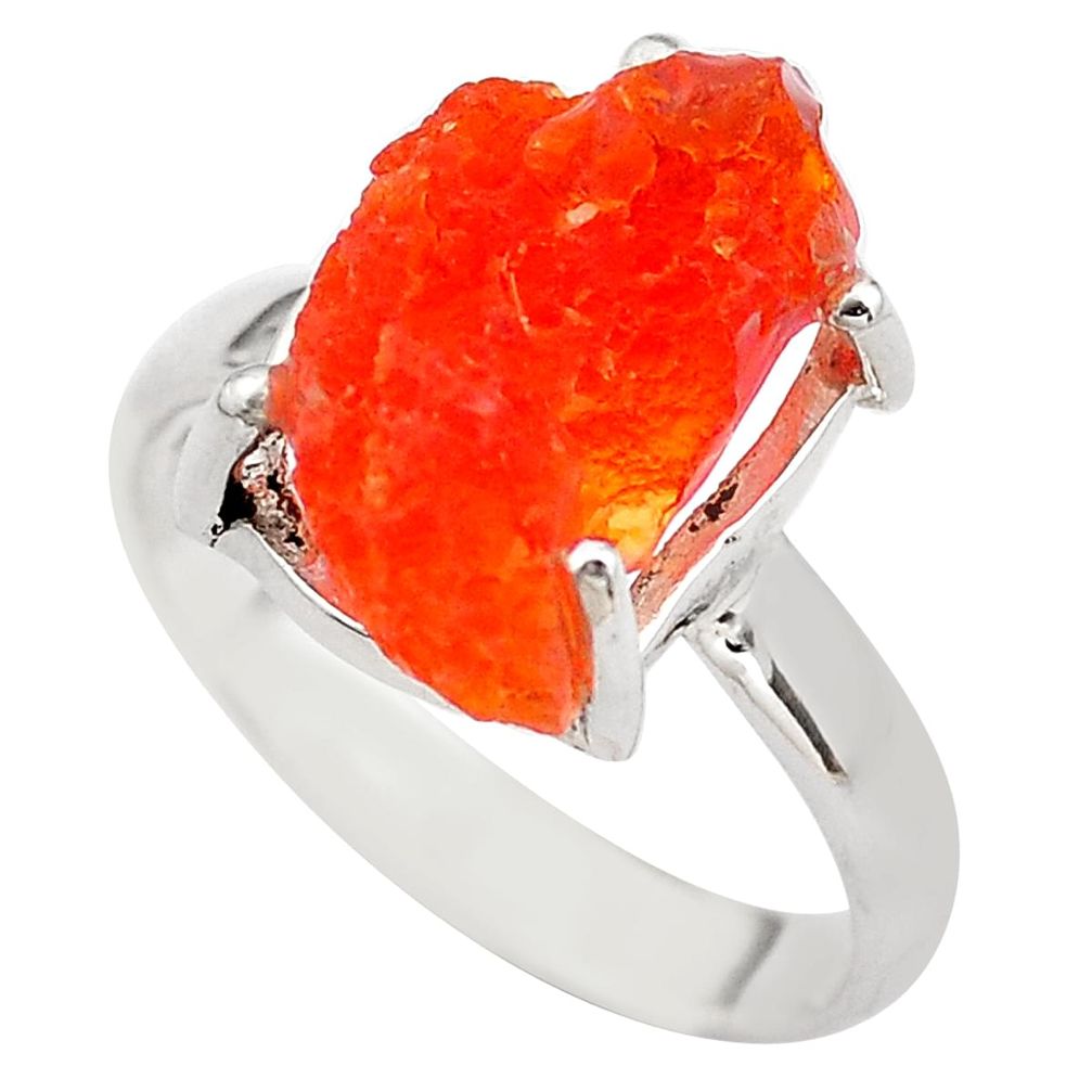 6.82cts natural orange mexican fire opal silver solitaire ring size 8.5 p84378