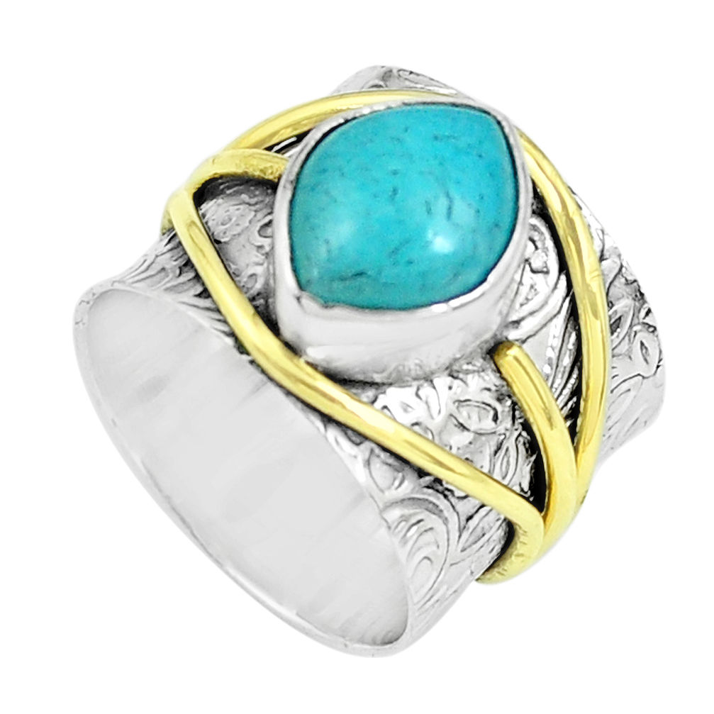 Natural peruvian amazonite 925 silver two tone solitaire ring size 5.5 p61987