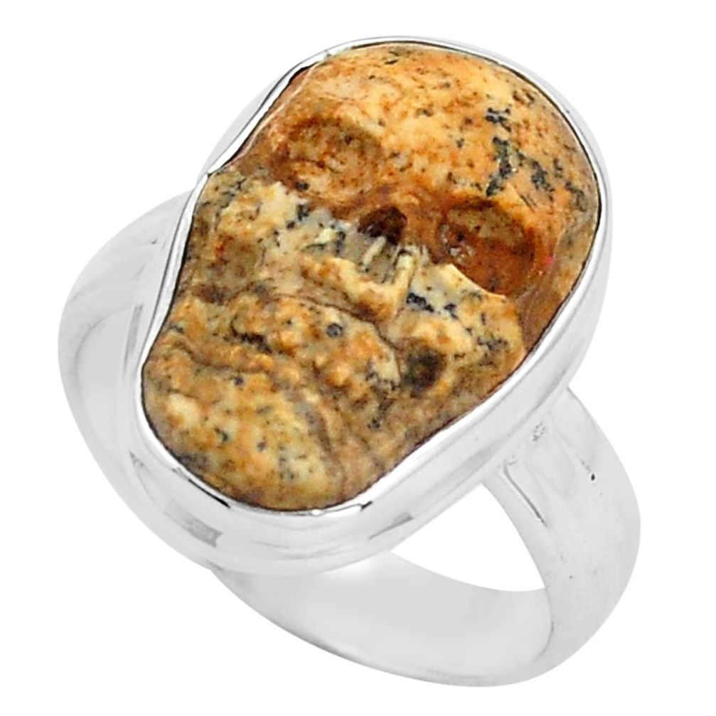 9.47cts natural picture jasper 925 silver skull solitaire ring size 7.5 p88202