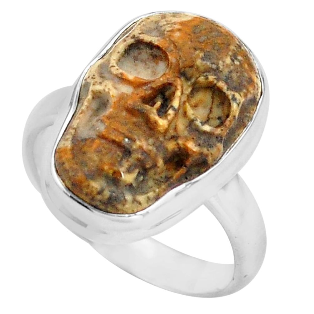 9.54cts natural picture jasper 925 silver skull solitaire ring size 7.5 p88209