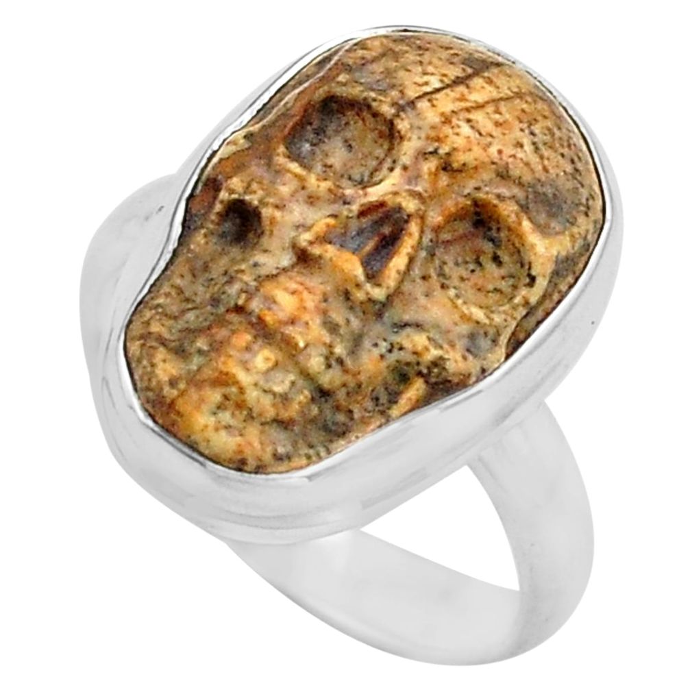 9.14cts natural picture jasper 925 silver skull solitaire ring size 6.5 p88212