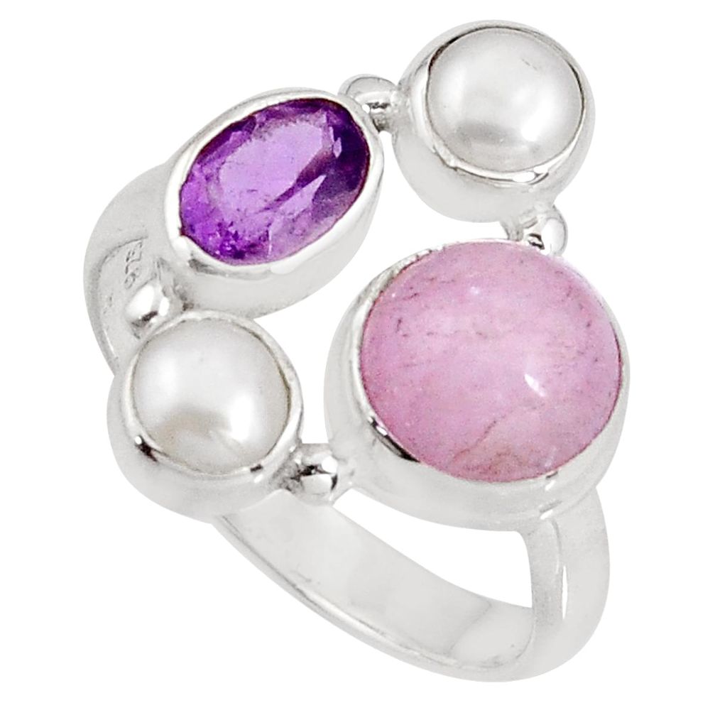 6.36cts natural pink kunzite amethyst pearl 925 silver ring size 8 p90761