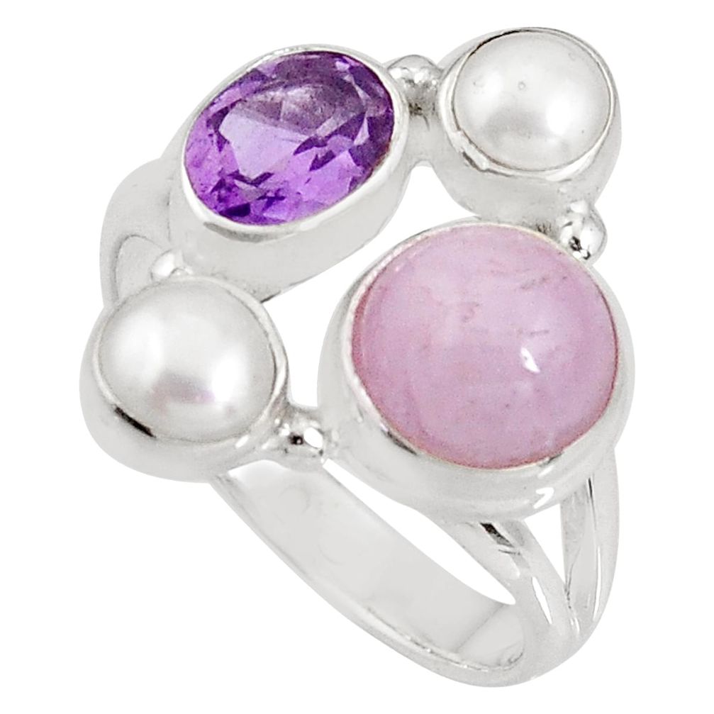 6.83cts natural pink kunzite amethyst pearl 925 silver ring size 8 p90765