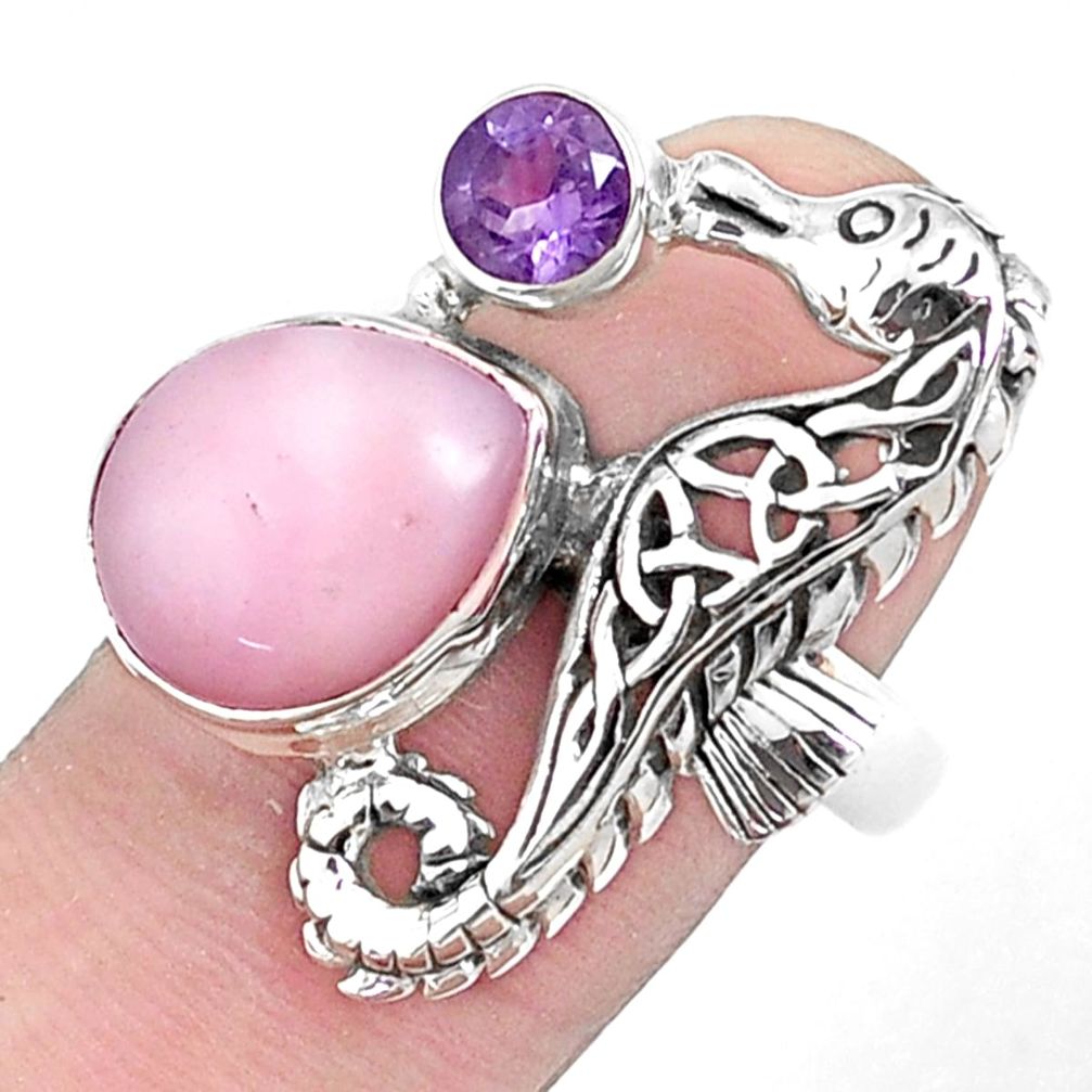 6.32cts natural pink opal amethyst 925 silver seahorse ring size 8 p42673