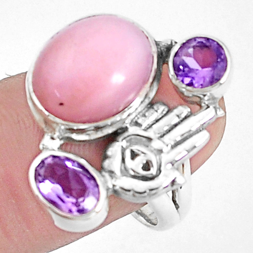 7.76cts natural pink opal amethyst silver hand of god hamsa ring size 9 p42662