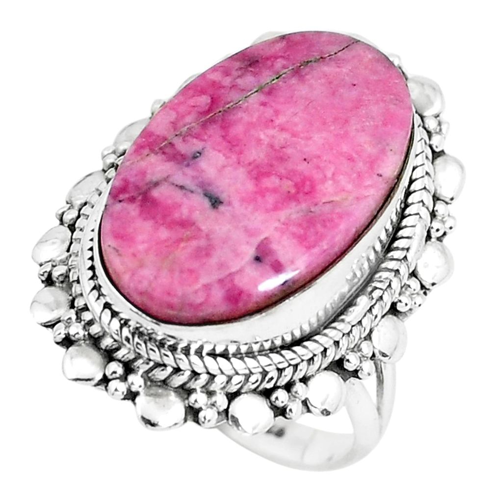 Natural pink rhodonite in black manganese silver solitaire ring size 7 d31328