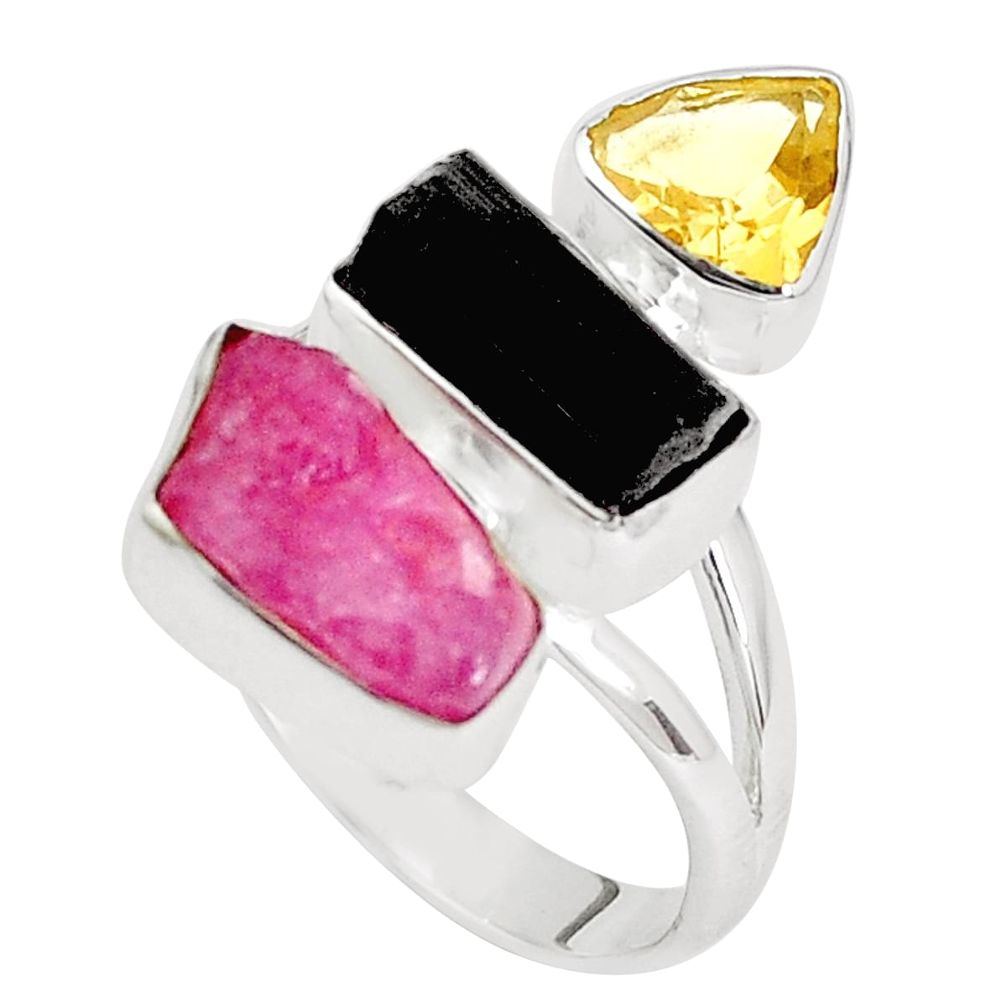 13.77cts natural pink ruby rough tourmaline rough 925 silver ring size 8 p33299