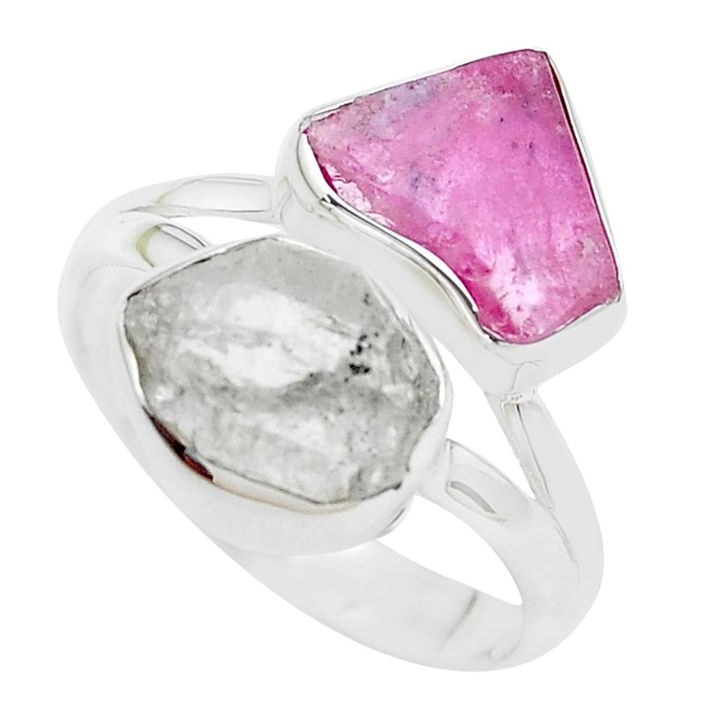 Natural pink tourmaline rough herkimer diamond 925 silver ring size 8 p35730