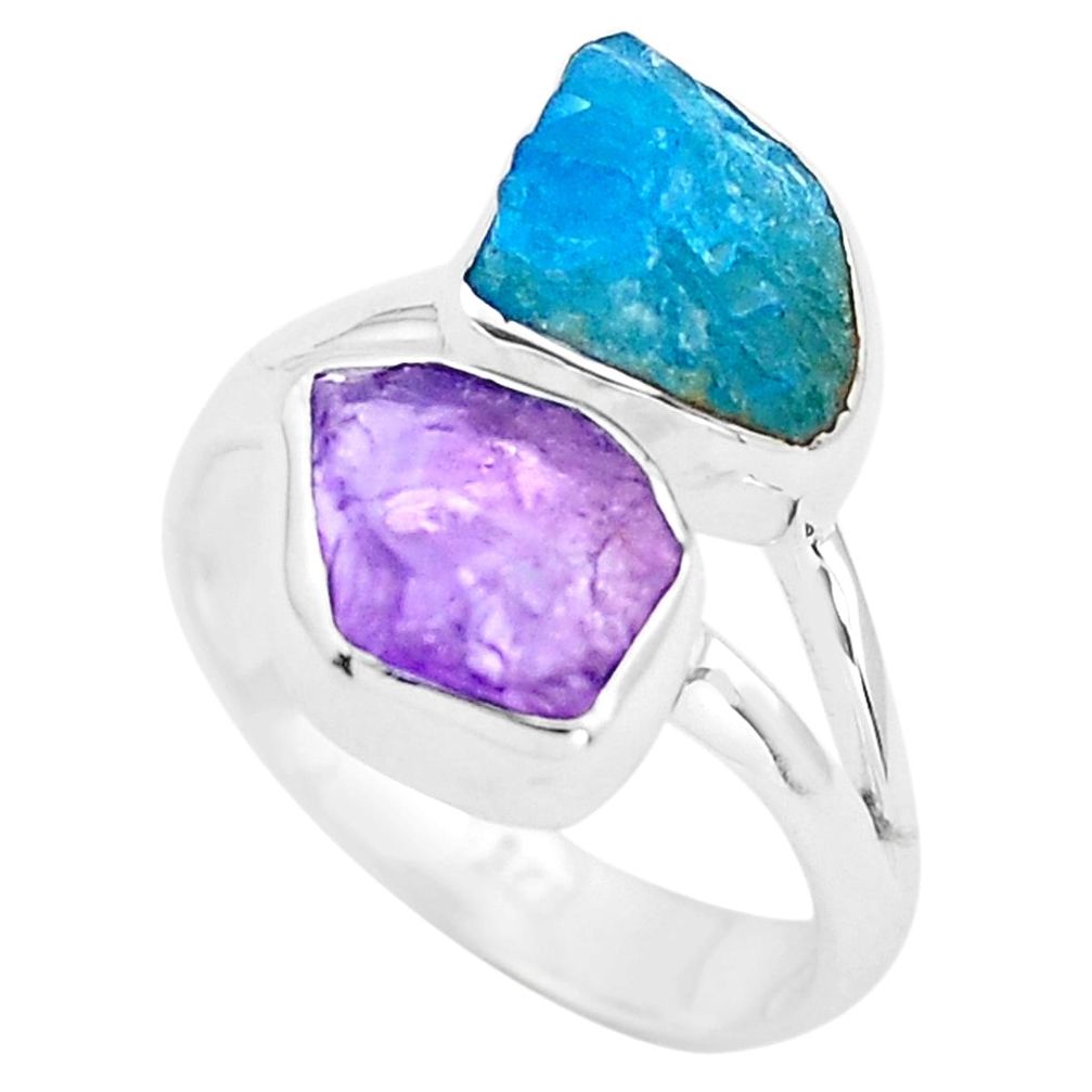 7.67cts natural purple amethyst rough apatite rough silver ring size 6 p73915