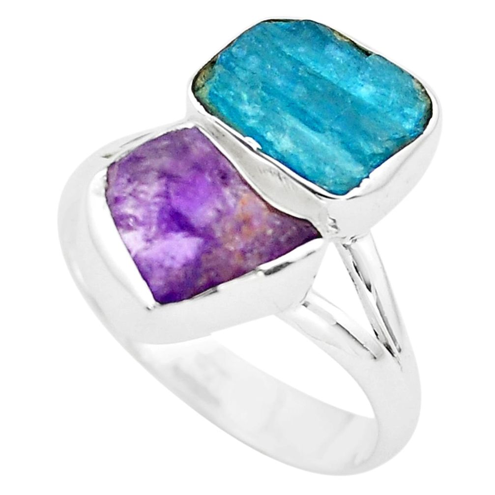 8.77cts natural purple amethyst rough apatite rough silver ring size 8 p73925