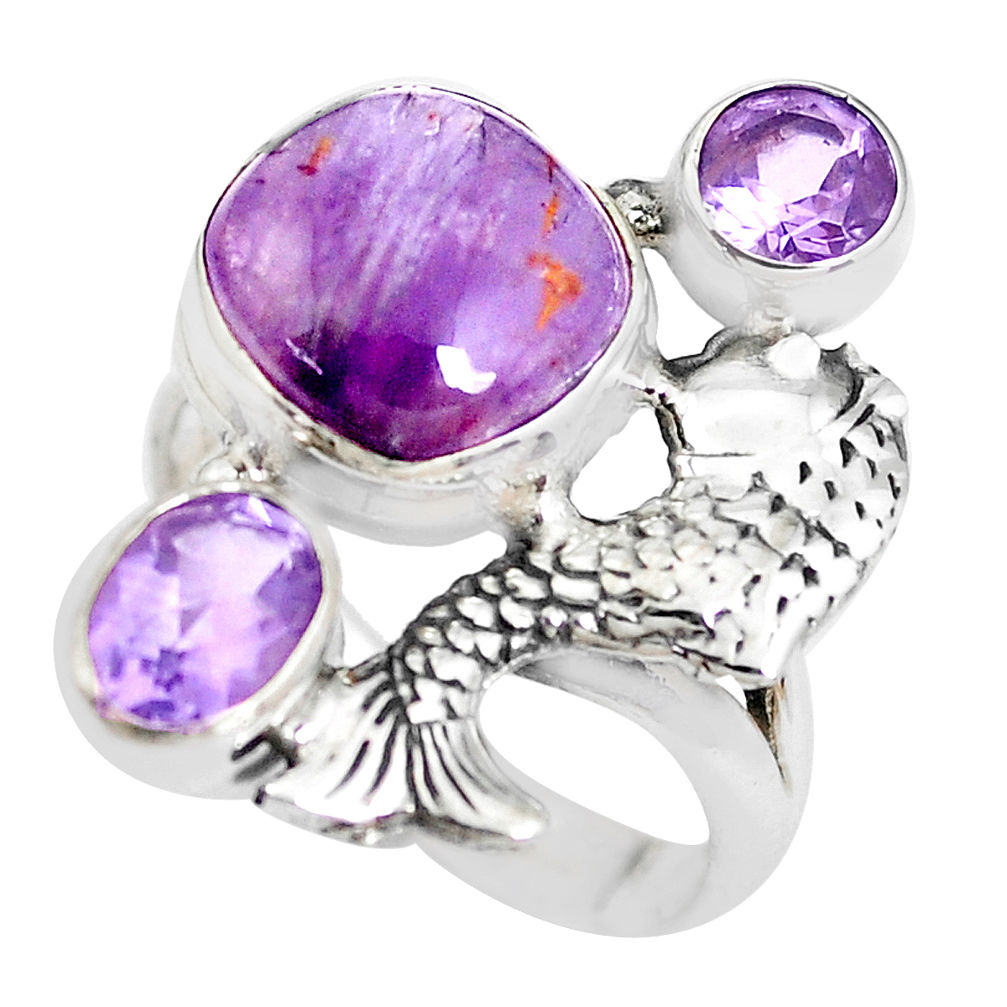 7.37cts natural purple cacoxenite super seven 925 silver fish ring size 7 p42584