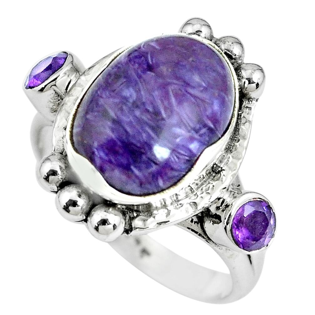 7.73cts natural purple charoite (siberian) 925 silver ring size 8 p69885