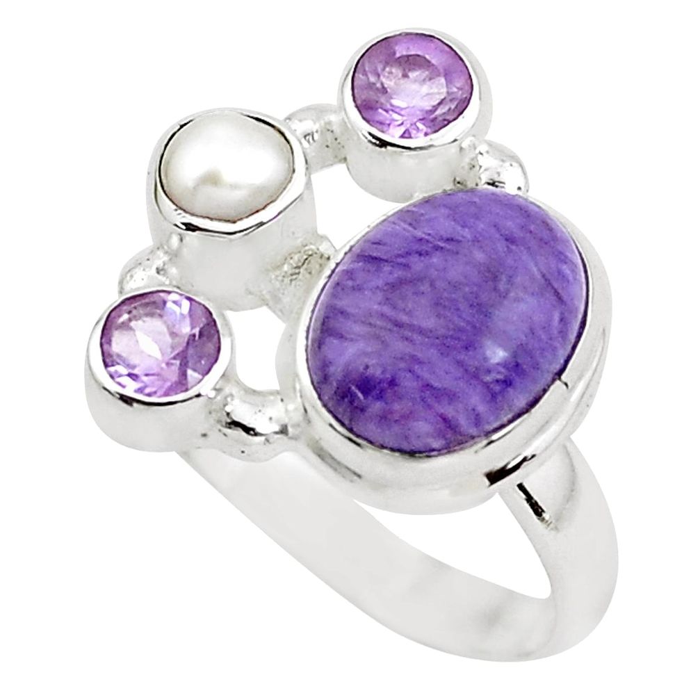 6.83cts natural purple charoite (siberian) pearl 925 silver ring size 6.5 p52508