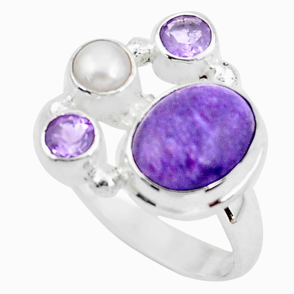 7.32cts natural purple charoite (siberian) pearl 925 silver ring size 7.5 p52512