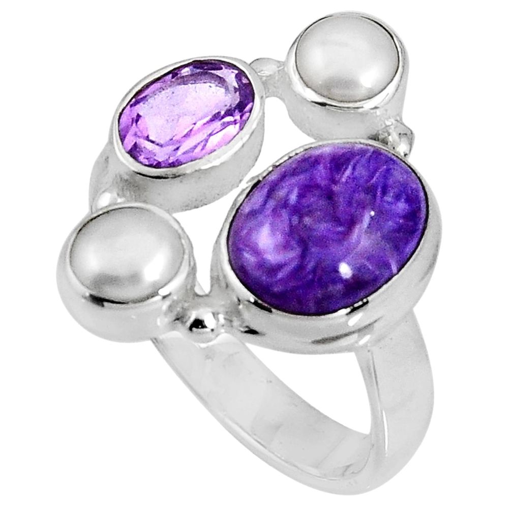 7.53cts natural purple charoite (siberian) pearl 925 silver ring size 7.5 p90711