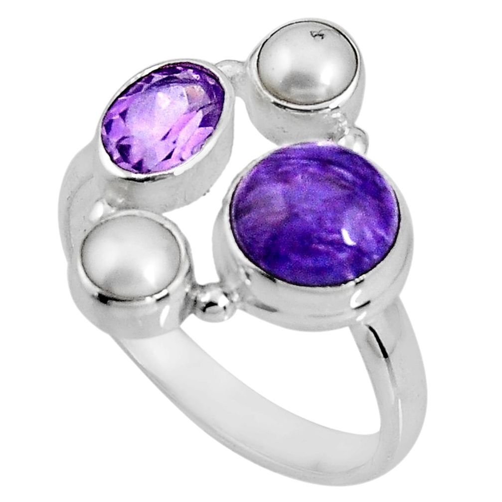 6.54cts natural purple charoite (siberian) pearl 925 silver ring size 9 p90714