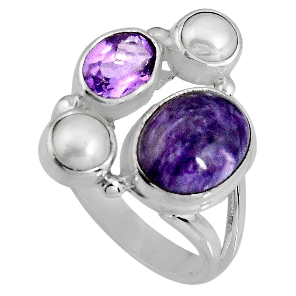 8.42cts natural purple charoite (siberian) pearl 925 silver ring size 7 p90717