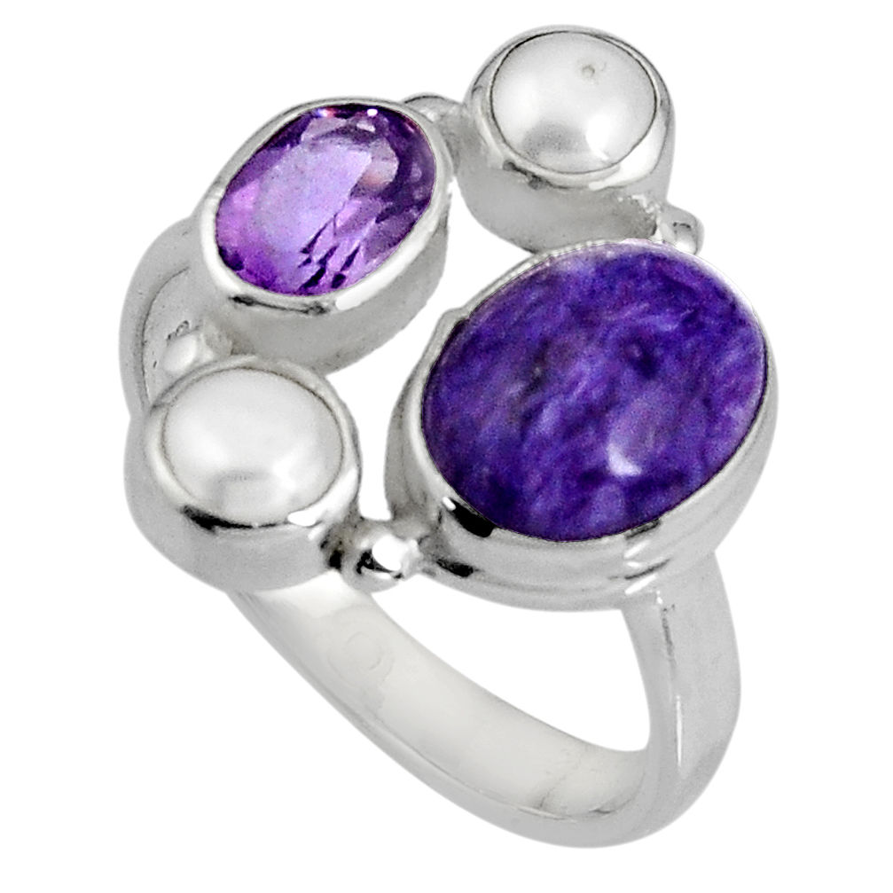 8.42cts natural purple charoite (siberian) pearl 925 silver ring size 8 p90718