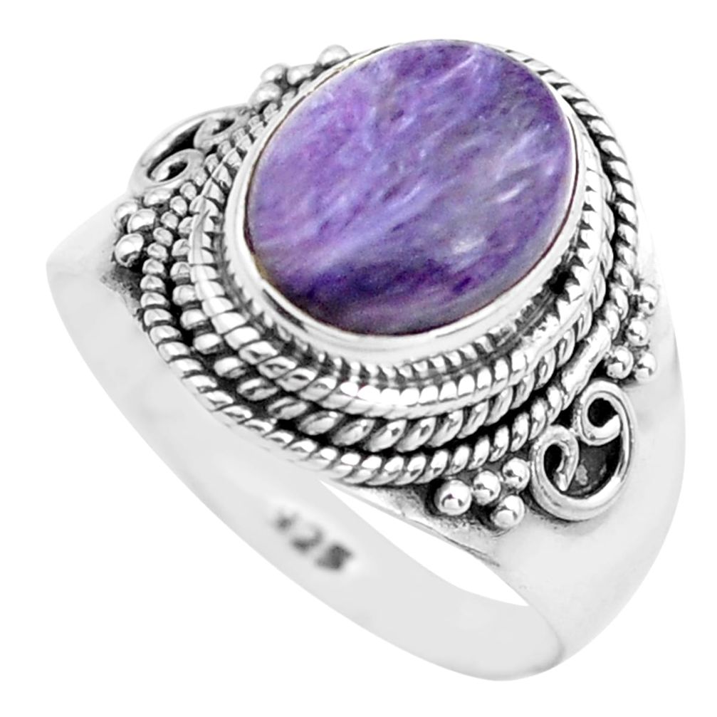4.02cts natural purple charoite (siberian) silver solitaire ring size 7.5 p71622