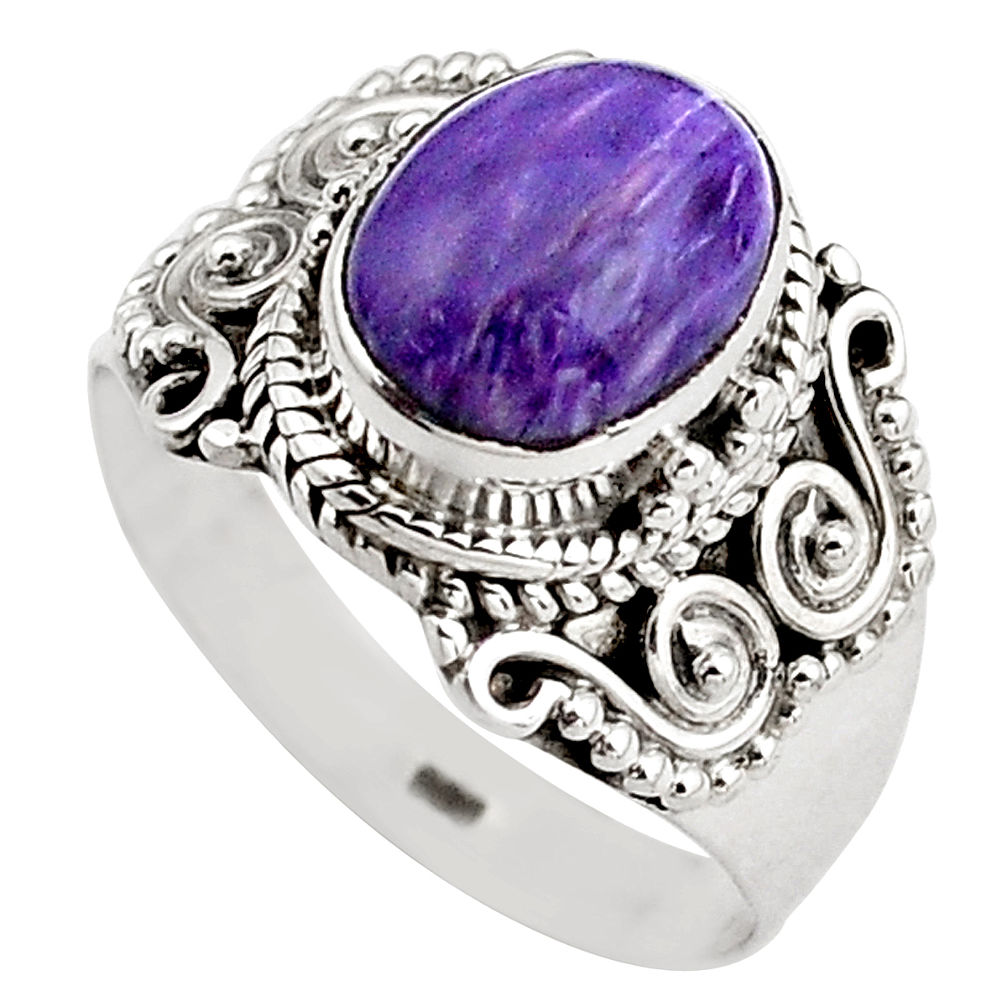 4.02cts natural purple charoite (siberian) silver solitaire ring size 8 p88891