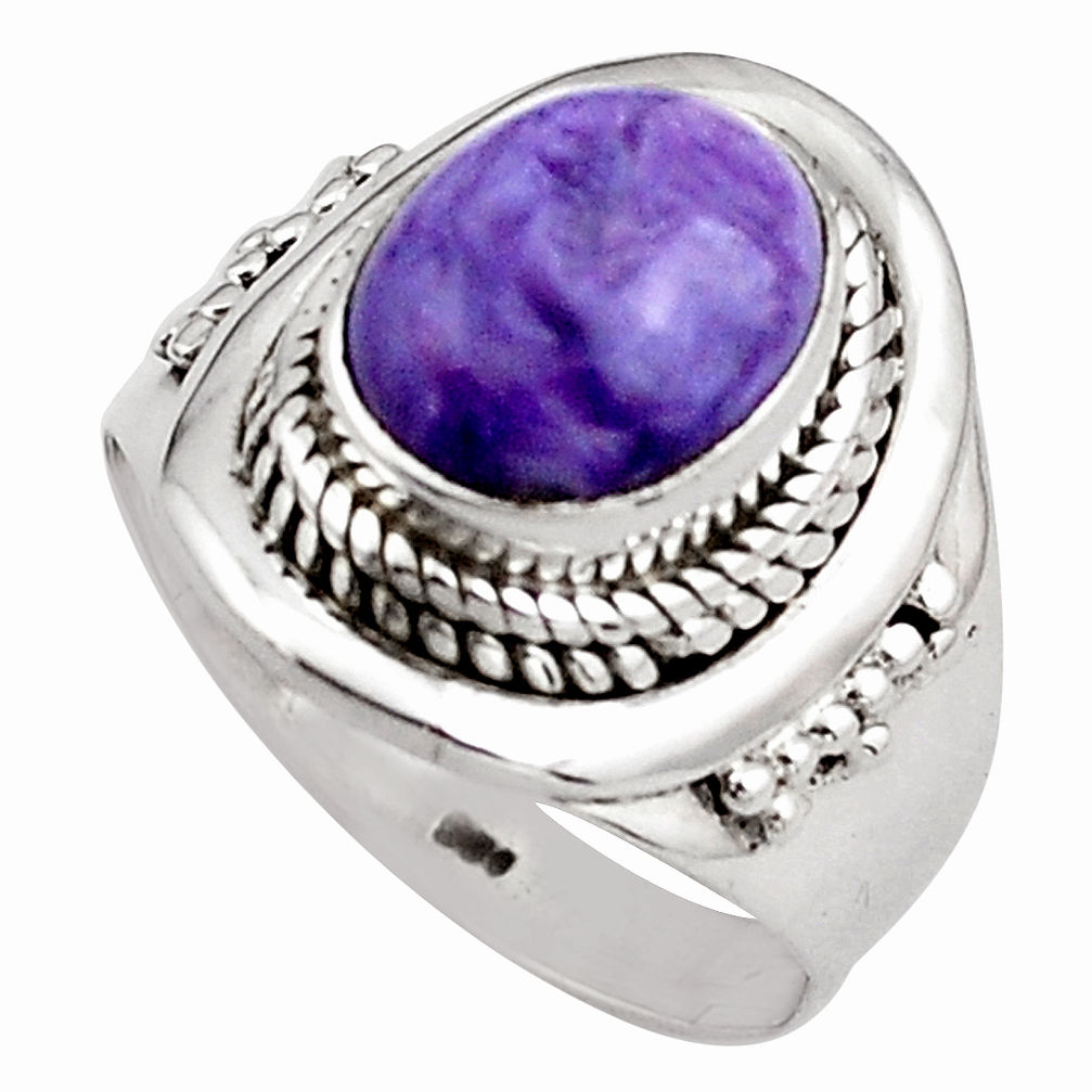 4.22cts natural purple charoite (siberian) silver solitaire ring size 7 p88895