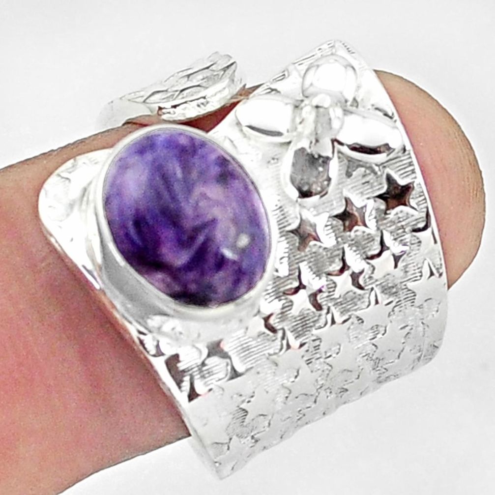 4.07cts natural purple charoite 925 silver adjustable ring size 7.5 p57077