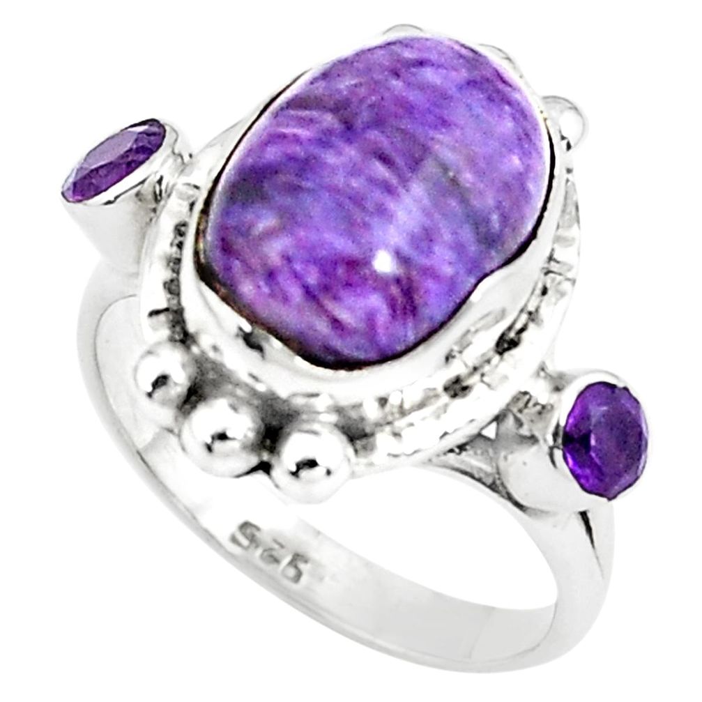 8.42cts natural purple charoite 925 silver ring jewelry size 8.5 p79002