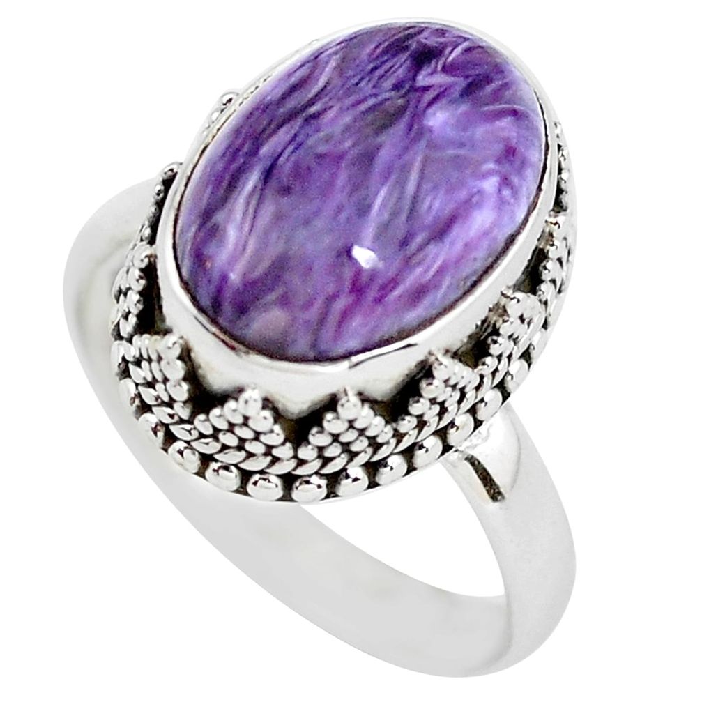 6.60cts natural purple charoite 925 silver solitaire ring size 8.5 p56463