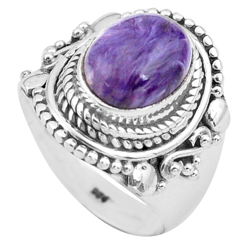 4.19cts natural purple charoite 925 silver solitaire ring size 6.5 p81222