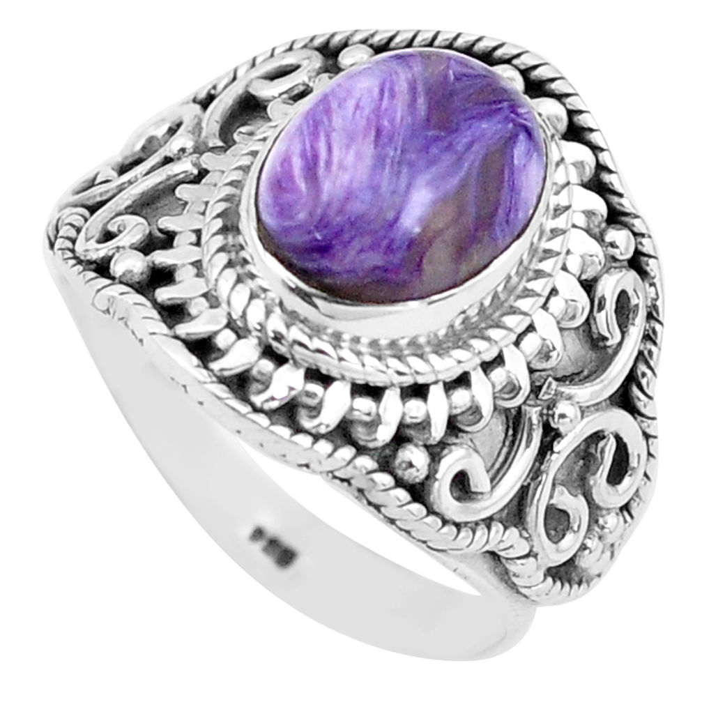 3.91cts natural purple charoite 925 silver solitaire ring size 7.5 p81225