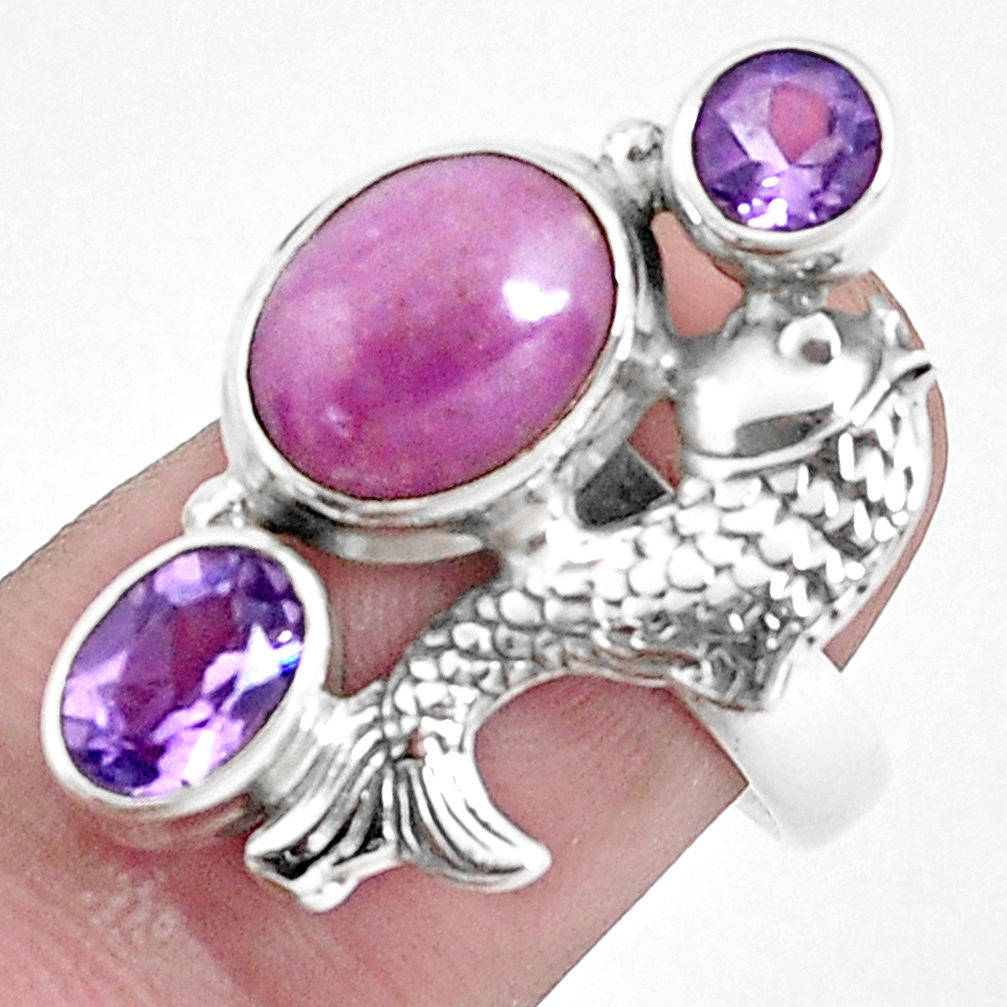 7.76cts natural purple phosphosiderite 925 silver fish ring size 7 p42754