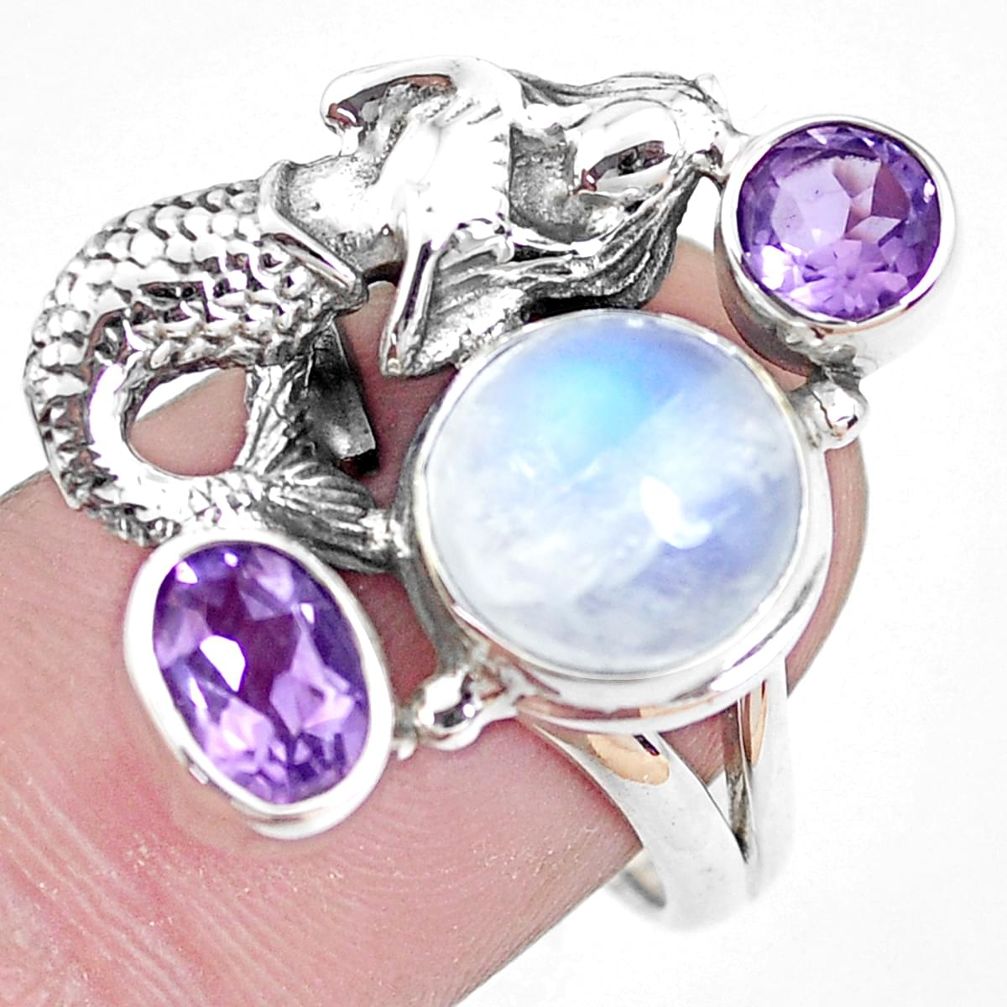 7.62cts natural rainbow moonstone 925 silver fairy mermaid ring size 8.5 p42890