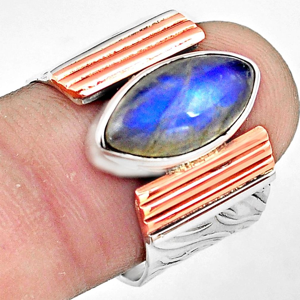 6.57cts natural rainbow moonstone 925 silver gold solitaire ring size 7.5 p81011