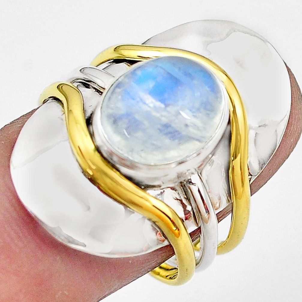 4.82cts natural rainbow moonstone 925 silver gold solitaire ring size 9 p81093