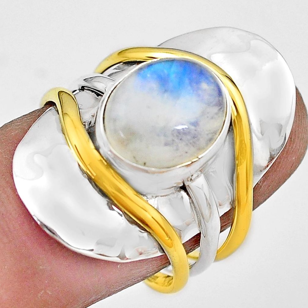 5.30cts natural rainbow moonstone 925 silver gold solitaire ring size 7.5 p81097