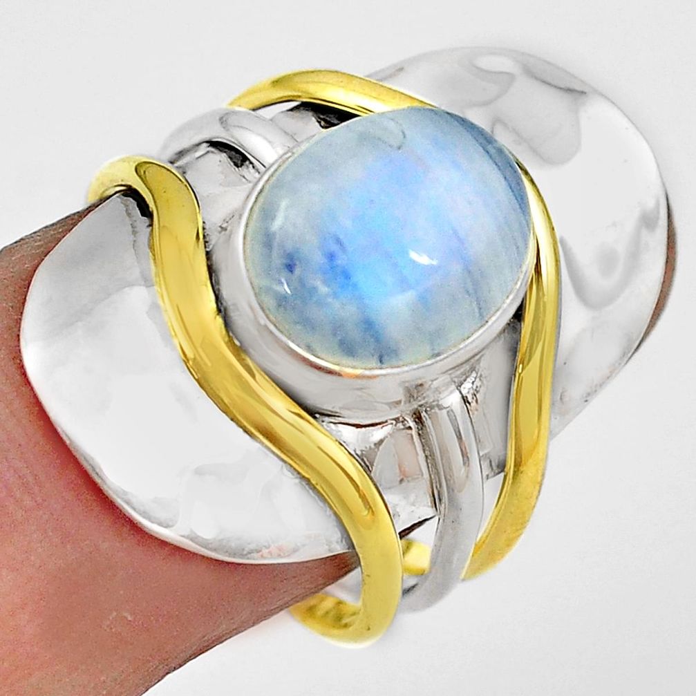 5.02cts natural rainbow moonstone 925 silver gold solitaire ring size 9 p81099