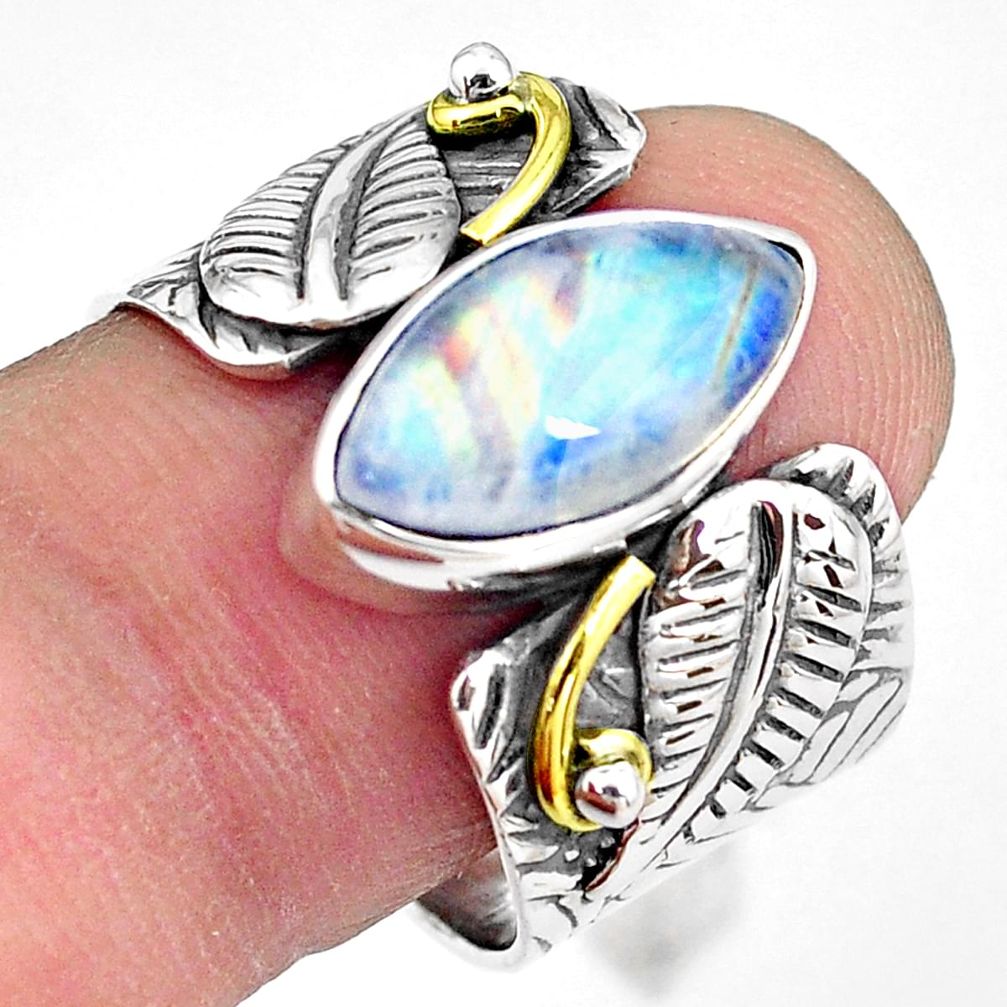 6.31cts natural rainbow moonstone 925 silver gold solitaire ring size 8.5 p87936