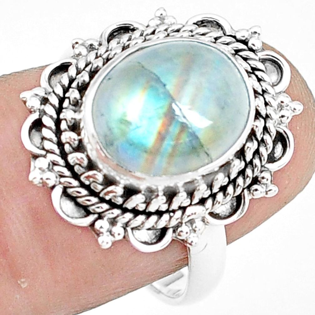 4.93cts natural rainbow moonstone 925 silver solitaire ring size 7.5 p78848