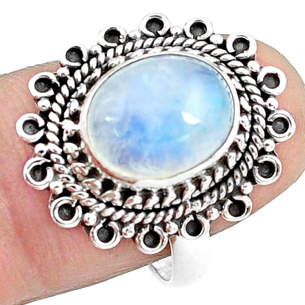 4.94cts natural rainbow moonstone 925 silver solitaire ring size 7.5 p78895